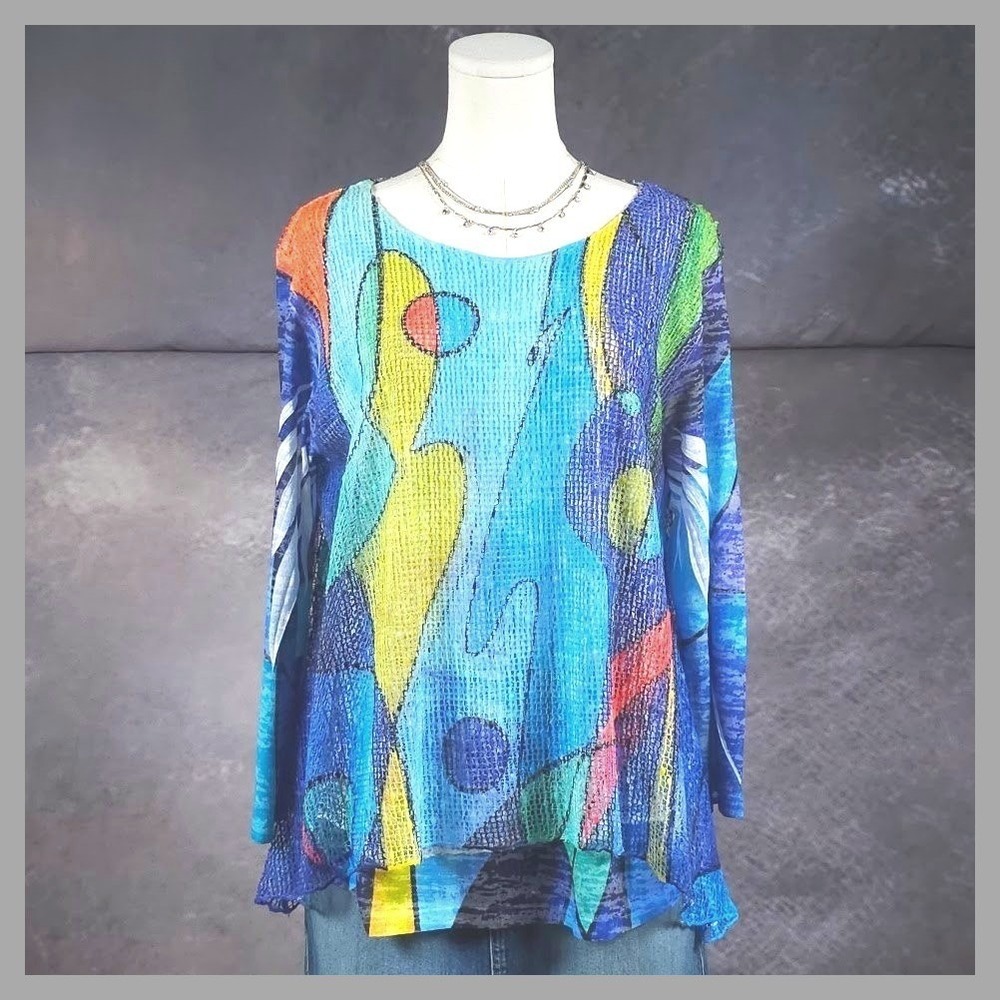 Art to Wear Funky Mesh Tunic Top Large Abstract Colorful Layered Boho Eclectic